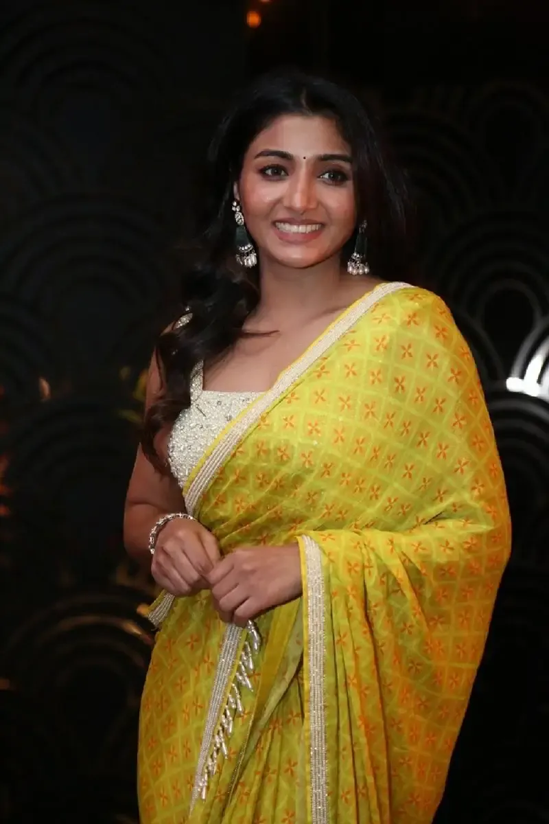 Indian Actress Mirnaa Menon in Yellow Saree at Ugram Movie Teaser Launch